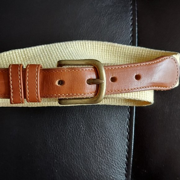Coach Linen and Leather Belt Yellow Brown Men's 3818 Size 42 Brass Buckle - Picture 2 of 8